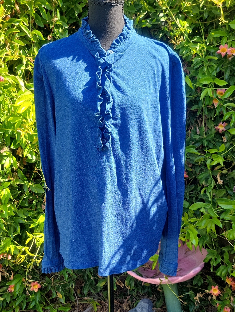 Boden Navy Blue Ruffled Front 100% Cotton Ruched Shoulder Long Sleeve 16